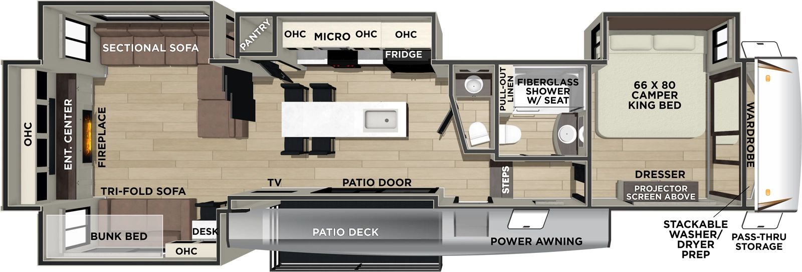 The Sabre 38RVHUNTER floorplan has one entry and four slide outs. Exterior features include: fiberglass exterior. Interiors features include: bunk beds, kitchen island, front bedroom and rear living.